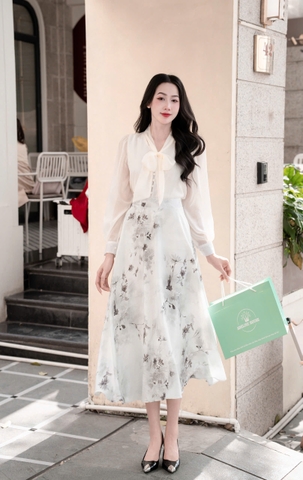 ADELINE HOUSE- Set Áo Nơ Voan + Chân Váy Hoa Dáng Dài Thanh Lịch- TK155.2 SIZE XS S M L XL 2XL 3XL 4XL