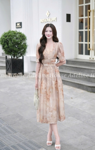 ADELINE HOUSE- Đầm Voan Nâu Thanh Lịch Dáng Midi- TK39.4