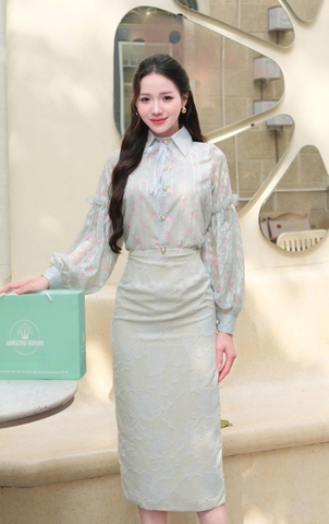 Adeline house - Chân váy MIDI xanh mint thêu ren - TK136.2