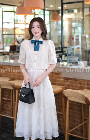 ADELINE HOUSE- Set Áo Croptop Tay Lỡ và Chân Váy Midi Xòe Hoa Nổi Pastel- TK26.2+TK26.3 Trắng+Be SIZE S M L XL 2XL 3XL 4XL