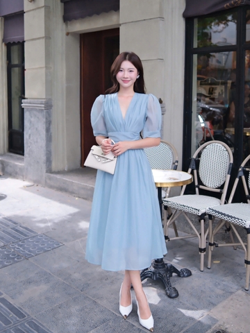 Adeline House - Váy cổ V dáng dài tay bồng eo nhún màu pastel nhẹ nhàng, nữ tính-TK39 Đủ màu
