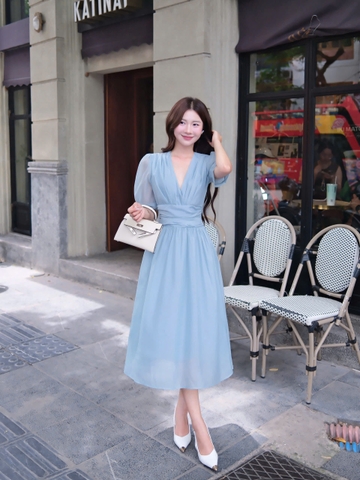 Adeline House - Váy cổ V dáng dài tay bồng eo nhún màu pastel nhẹ nhàng, nữ tính-TK39 Đủ màu