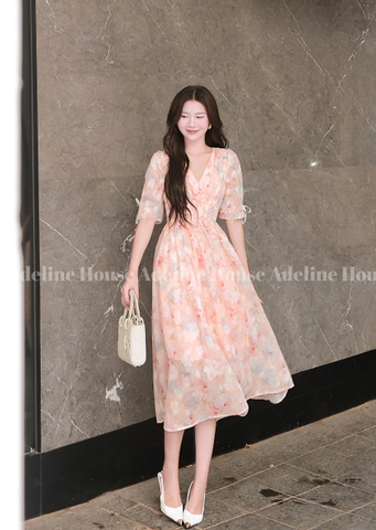 Adeline House - Váy hoa nhí cổ tim tay nơ phong cách thanh lịch- TK01