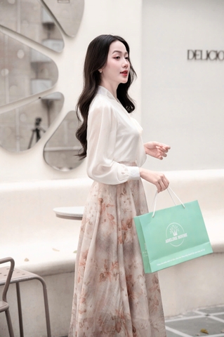 ADELINE HOUSE- Set Áo Nơ Voan + Chân Váy Hoa Lê Nâu Dáng Dài Thanh Lịch- TK155.3