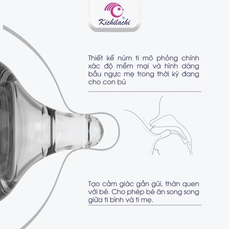 úm Ti Bình Bò Sữa Kichilachi Cổ Rộng 100% Silicone Cao Cấp, Siêu Mềm