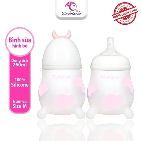 Bình sữa Bò KICHI (Hồng) silicone chính hãng size 180ml/260ml