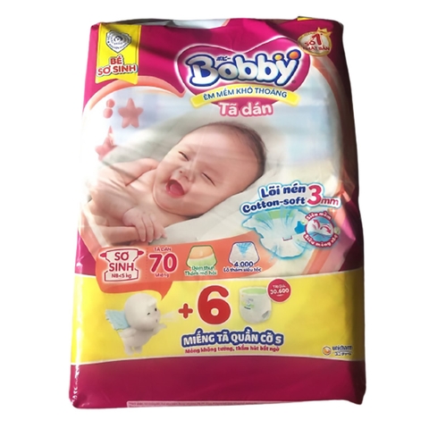 (Tặng 6 Miếng) Bỉm - Tã dán Bobby Sơ Sinh NB - 70 miếng  (Cho bé < 5kg)