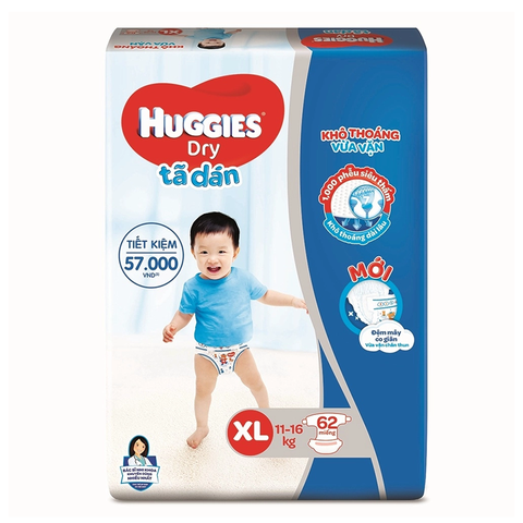 Bỉm - Tã dán Huggies size XL - 62 miếng (Cho bé 11 - 16kg)