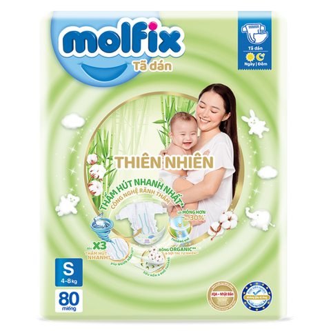 Bỉm tã dán Molfix Thiên nhiên (S, 4-8kg, 80 miếng)