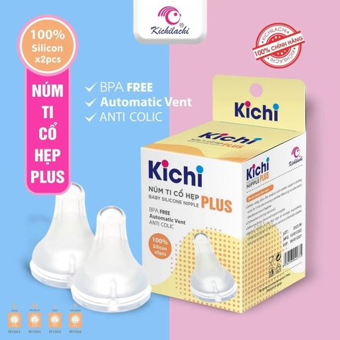 Núm vú cổ hẹp Kichi Plus cao cấp Silicone mềm cho bé hộp 2 cái
