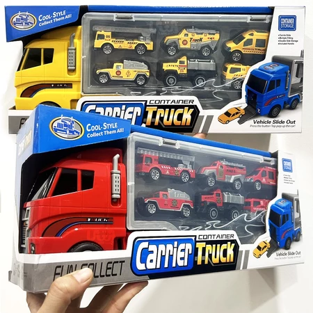 Xe Tải Chở 6 Xe Container Truck Set 6 Chiếc Mini Fire Truck Xe Kéo Hợp Kim Die Cast Truck Quán Tính Với Save Đồ Chơi