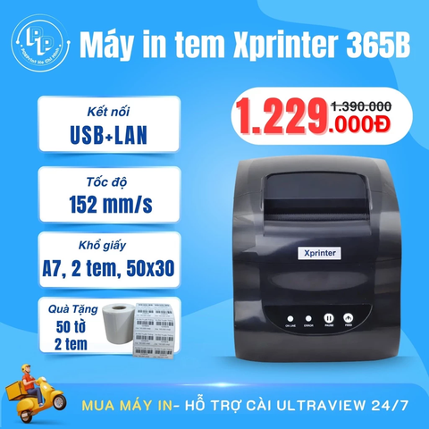 Máy in tem nhãn Xprinter 365B USB+LAN khổ A7, 2 tem