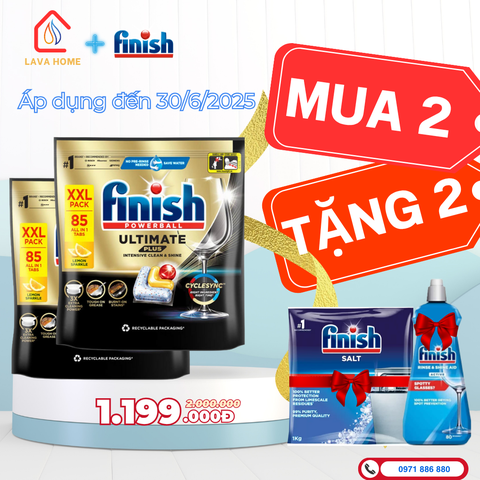 Combo Mua 2 Tặng 2: Mua Finish Powerball ULtimate All In 1 Plus 85 Viên (Mua 2 Túi)+ Tặng 1 Chai Nước Làm Bóng Finish 400ml & 1 Muối Finish Slat 1Kg
