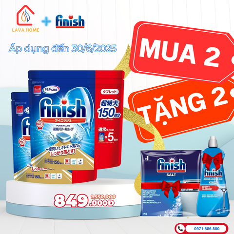 Combo Mua 2 Tặng 2: Mua Finish Power Cube 150 Viên (Mua 2 Túi)+ Tặng 1 Chai Nước Làm Bóng Finish 400ml & 1 Muối Finish Slat 1Kg