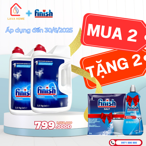 Combo Mua 2 Tặng 2: Mua Bột Rửa Bát Finish Classic 2,5kg (Mua 2 can)+ Tặng 1 Chai Nước Làm Bóng Finish 400ml & 1 Muối Finish Slat 1Kg