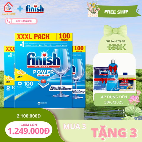 Combo Mua 3 Tặng 3: Mua Finish  Powerball Power Essential 100 Viên (Mua 3 Hộp)+ Tặng 1 Chai Nước Làm Bóng Finish 400ml + 1 Chai Dung Dịch Vệ Sinh 250ml & 1 Muối Finish Slat 1Kg