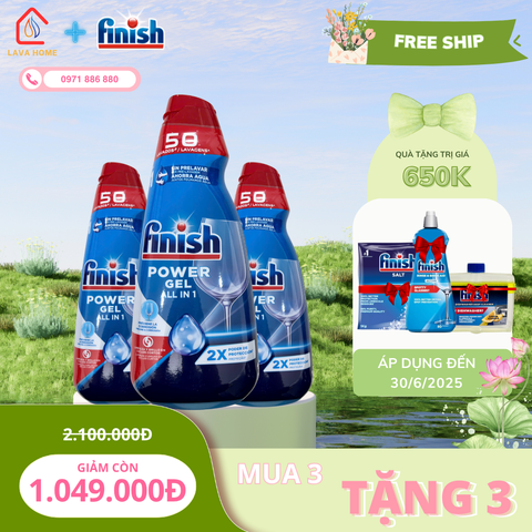 Combo Mua 3 Tặng 3: Mua Finish Power Gel All In 1 1 Lít (Mua 3 Chai)+ Tặng 1 Chai Nước Làm Bóng Finish 400ml + 1 Chai Dung Dịch Vệ Sinh 250ml & 1 Muối Finish Slat 1Kg