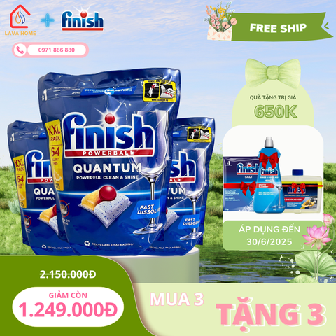 Combo Mua 3 Tặng 3: Mua Finish Powerball Quantum All In 64 Viên (Mua 3 Túi)+ Tặng 1 Chai Nước Làm Bóng Finish 400ml + 1 Chai Dung Dịch Vệ Sinh 250ml & 1 Muối Finish Slat 1Kg