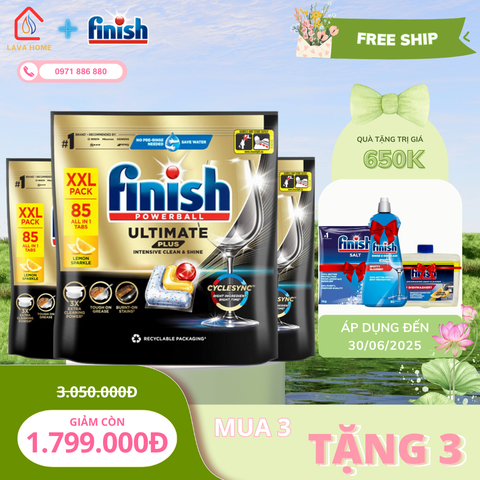 Combo Mua 3 Tặng 3: Mua Finish Powerball Ultimate All In Plus 85 Viên (Mua 3 Túi)+ Tặng 1 Chai Nước Làm Bóng Finish 400ml + 1 Chai Dung Dịch Vệ Sinh 250ml & 1 Muối Finish Slat 1Kg