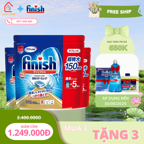 Combo Mua 3 Tặng 3: Mua Finish Power Cube 150 Viên  (Mua 3 Túi)+ Tặng 1 Chai Nước Làm Bóng Finish 400ml + 1 Chai Dung Dịch Vệ Sinh 250ml & 1 Muối Finish Slat 1Kg