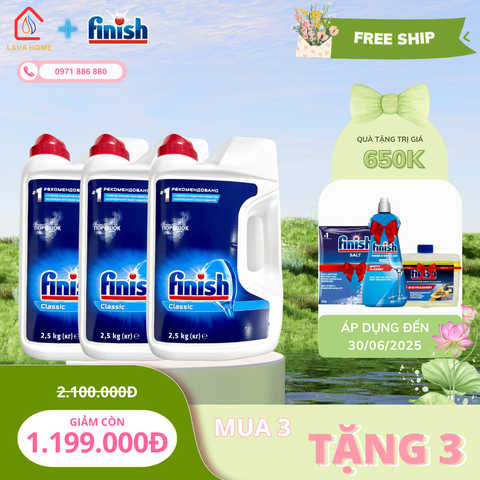 Combo Mua 3 Tặng 3: Mua Bột Rửa Bát Finish Classic 2,5kg  (Mua 3 Can)+ Tặng 1 Chai Nước Làm Bóng Finish 400ml + 1 Chai Dung Dịch Vệ Sinh 250ml & 1 Muối Finish Slat 1Kg