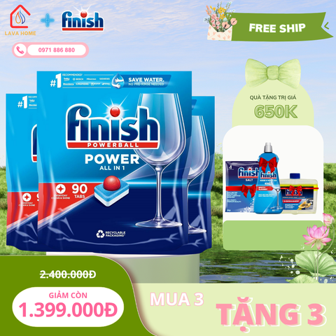 Combo Mua 3 Tặng 3: Mua Finish  Powerball Power All In 1 90 Viên (Mua 3 Túi)+ Tặng 1 Chai Nước Làm Bóng Finish 400ml + 1 Chai Dung Dịch Vệ Sinh 250ml & 1 Muối Finish Slat 1Kg
