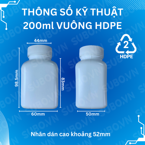 Lọ nhựa 200ml HDPE thân vuông