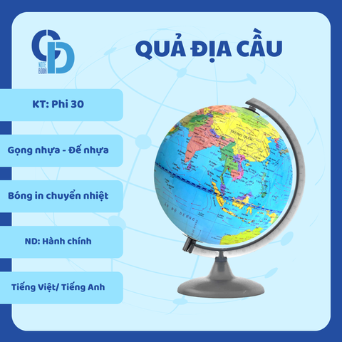Quả địa cầu Tự nhiên - KT Phi 30, Gọng nhựa, đế nhựa, Bóng in chuyển nhiệt