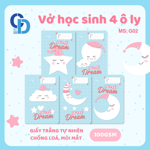 G02 - Vở Sweet Dream Xanh 4 ô ly 48tr, ĐL 100gsm