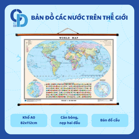 Bản đồ các nước trên thế giới - Cầu, khổ A0, Cán bóng, nẹp 2 đầu