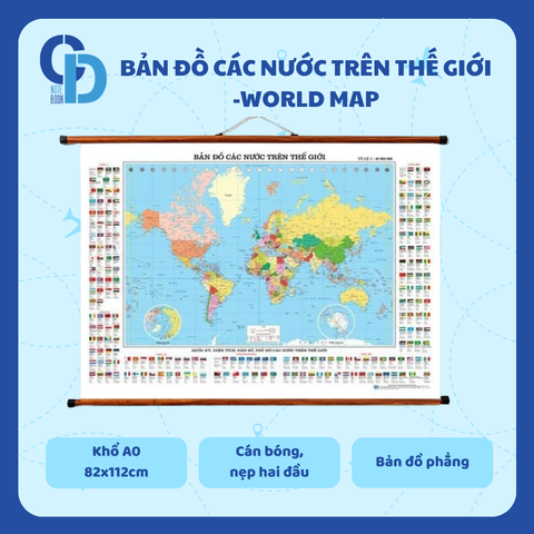 Bản đồ các nước trên thế giới - Phẳng, khổ A0, Cán bóng, nẹp 2 đầu