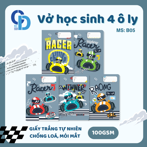 B05 - Vở Racer Xám 4 ô ly 48tr, ĐL 100gsm
