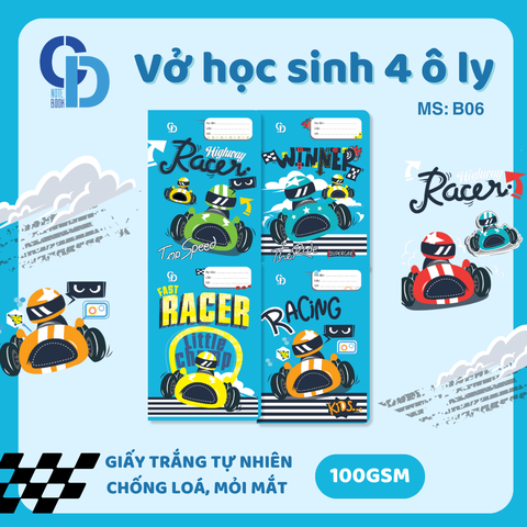 B06 - Vở Racer Xanh dương 4 ô ly 48tr, ĐL 100gsm