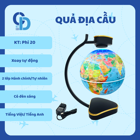 Quả địa cầu Hành chính - Tự nhiên (2 lớp) - KT Phi 20, Lơ lửng xoay tự động (Có đèn sáng)