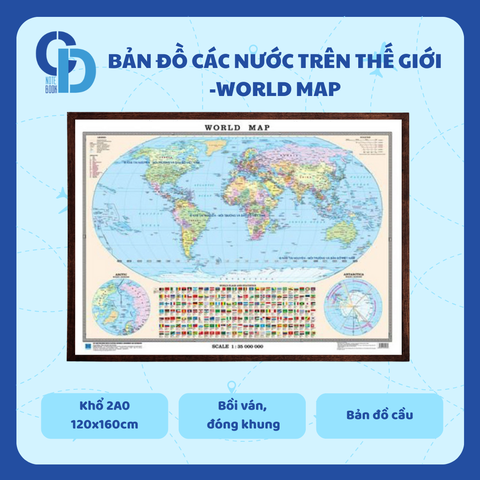 Bản đồ các nước trên thế giới - Cầu, Khổ 2A0, Bồi ván, đóng khung