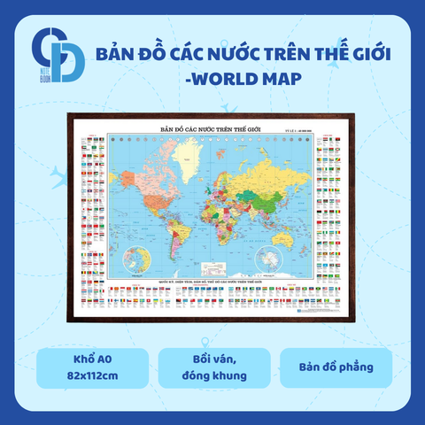 Bản đồ các nước trên thế giới - Phẳng, Khổ A0, Bồi ván, đóng khung