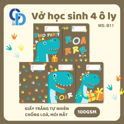 B11 - Vở Dinosaur Nâu Xanh 4 ô ly 48tr, ĐL 100gsm