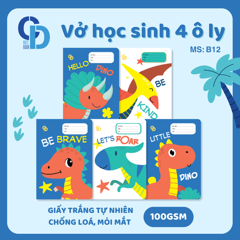B12 - Vở Dinosaur Xanh Cam 4 ô ly 48tr, ĐL 100gsm
