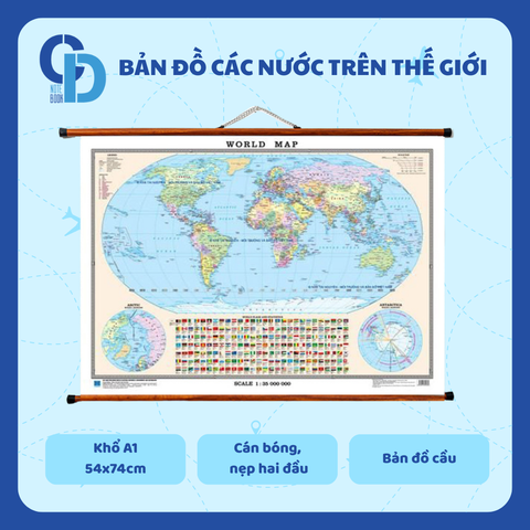 Bản đồ các nước trên thế giới - Khổ A1, Cán bóng, nẹp 2 đầu