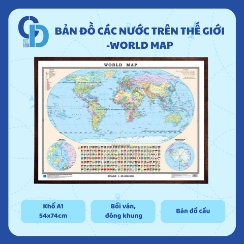 Bản đồ các nước trên thế giới - Khổ A1, Bồi ván, đóng khung