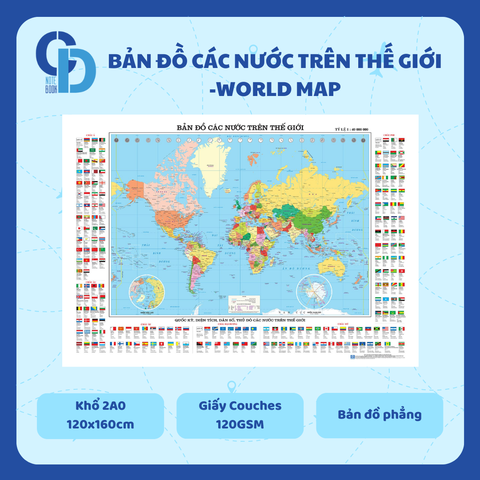 Bản đồ các nước trên thế giới - Phẳng, Khổ 2A0, Giấy Couches 120GMS