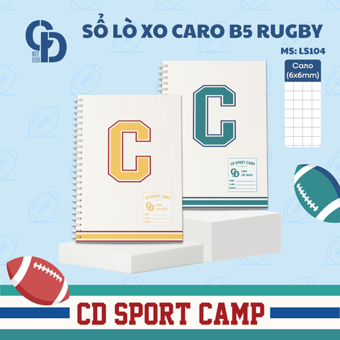 LS104 - Sổ lò xo Sport Rugby, B5, Giấy kẻ caro, 120tr, ĐL: 100