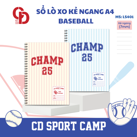 LS401 - Sổ lò xo Sport Baseball, A4, Giấy kẻ ngang, 200tr, ĐL: 100