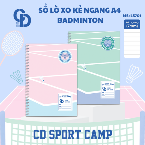 LS701 - Sổ lò xo Sport Badminton, A4, Giấy kẻ ngang, 200tr, ĐL: 100
