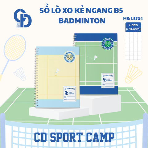 LS704 - Sổ lò xo Sport Badminton, B5, Giấy kẻ caro, 120tr, ĐL: 100