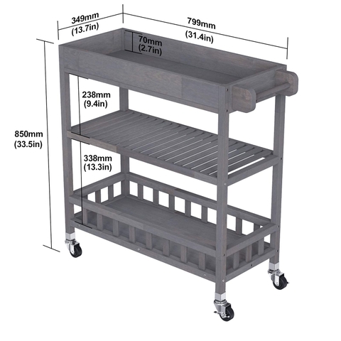 KỆ GỖ DUST GREY WITH TRAY 675040/ KỆ ĐA NĂNG CÓ BÁNH XE DI ĐỘNG CỠ LỚN– KỆ ĐẨY TRÀ, CAFE, BBQ SÂN VƯỜN, NHÀ BẾP.