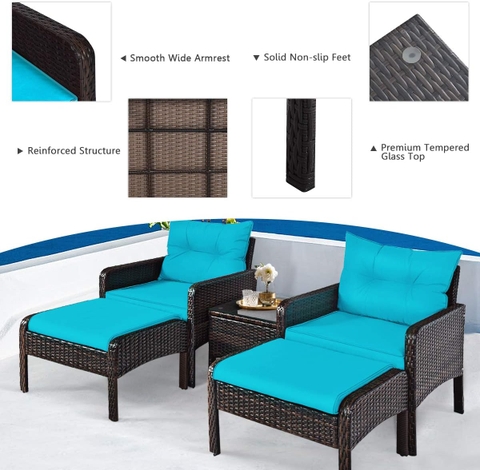Bộ Bàn Ghế Ngoài Trời 5 Món Ottoman Xanh – Sofa Đơn + Ottoman + Bàn Kính – Chất Liệu Giả Mây PE Cao Cấp
