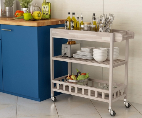 KỆ GỖ DUST GREY WITH TRAY 675040/ KỆ ĐA NĂNG CÓ BÁNH XE DI ĐỘNG CỠ LỚN– KỆ ĐẨY TRÀ, CAFE, BBQ SÂN VƯỜN, NHÀ BẾP.