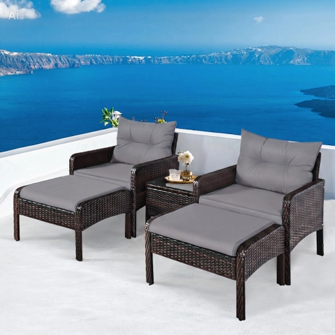 Bộ Bàn Ghế Ngoài Trời 5 Món Ottoman Xám – Sofa Đơn + Ottoman + Bàn Kính – Chất Liệu Giả Mây PE Cao Cấp