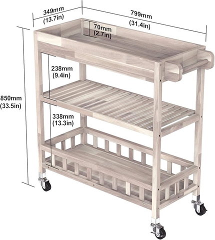 KỆ GỖ DUST GREY WITH TRAY 675040/ KỆ ĐA NĂNG CÓ BÁNH XE DI ĐỘNG CỠ LỚN– KỆ ĐẨY TRÀ, CAFE, BBQ SÂN VƯỜN, NHÀ BẾP.
